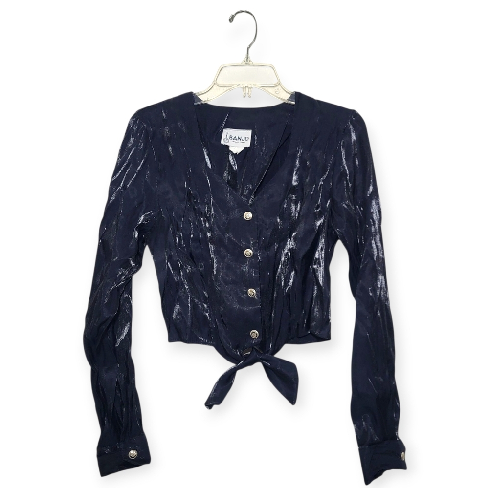 BANJO DALLAS Vintage Western Top Shiny Black Button Front Crop Medium